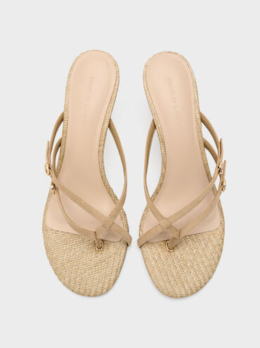 Faux Suede Crossover Toe-Ring Strappy Heels, Sand, hi-res