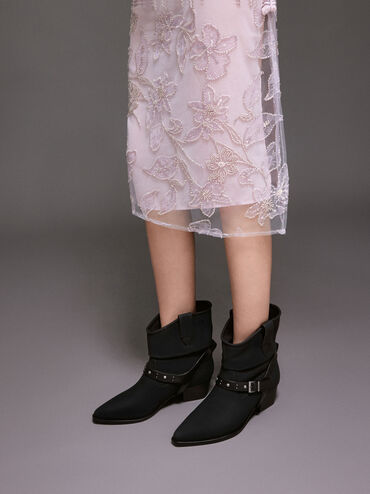 Studded-Strap Ruched Ankle Boots, Black, hi-res