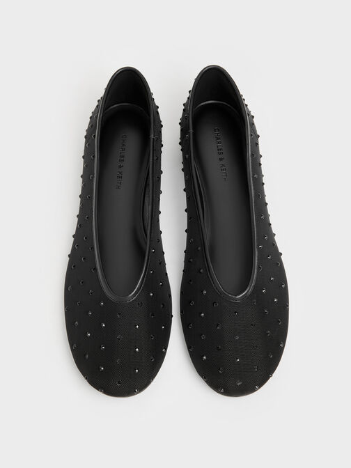 Mesh Crystal Ballet Flats, Black Textured, hi-res