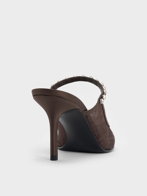 Lace & Satin Crystal Heeled Mules, Dark Brown Textured, hi-res
