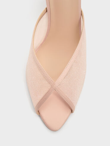 Glittered Mesh Peep-Toe Heeled Mules, Pink, hi-res