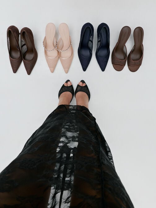 Lace & Satin Peep-Toe Heels, Dark Blue, hi-res