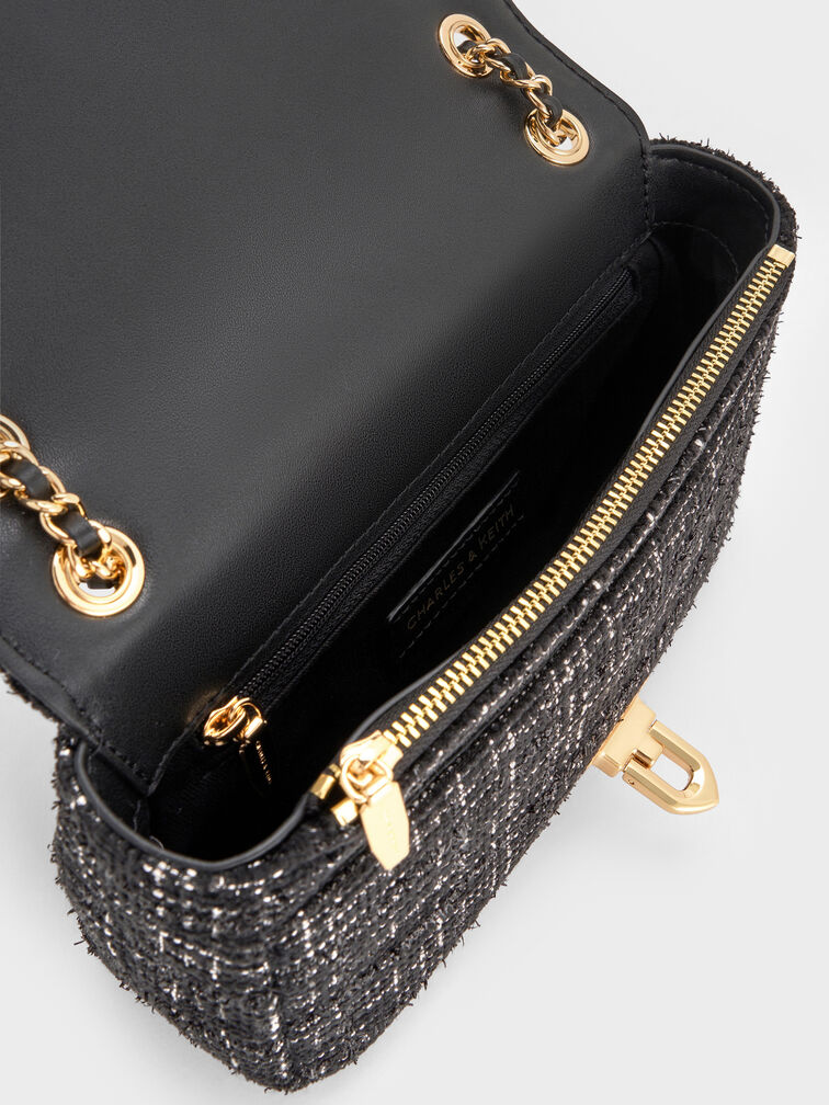 حقيبة كتف مبطنة بحمالة يد, أسود بنقشة تويد, hi-res