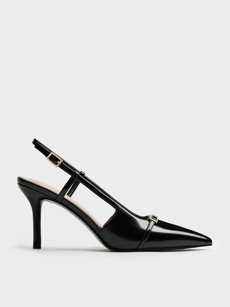 Metallic-Bar Pointed Slingback Pumps, Black Boxed, hi-res