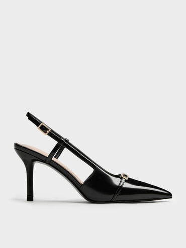 Metallic-Bar Pointed Slingback Pumps, Black Boxed, hi-res
