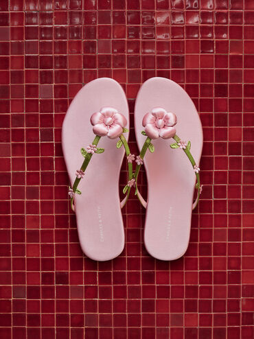 صندل مزين بالزهور المنتفخة, وردي, hi-res