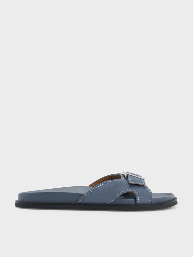 Faux Suede Stitch-Trim Buckled Slides, Blue, hi-res
