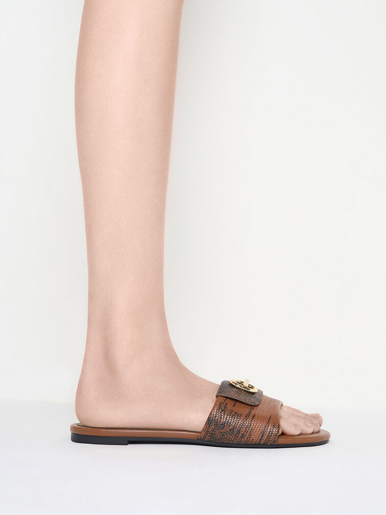 Lizard-Print Metallic-Accent Slide Sandals, Animal Print Brown, hi-res
