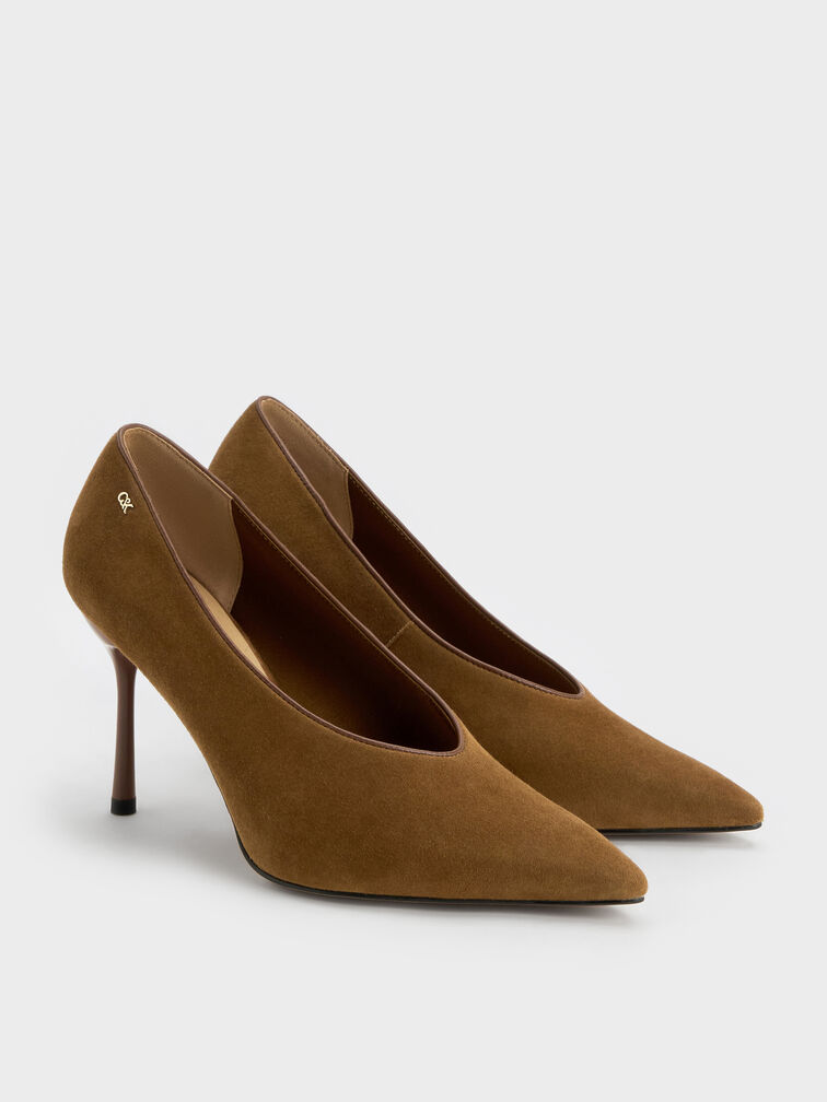 Leather & Suede Pointed Pumps, Brown, hi-res