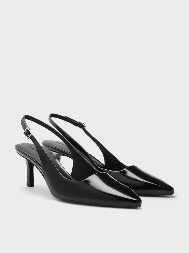 Pointed-Toe Kitten-Heel Slingback Pumps, Black Boxed, hi-res