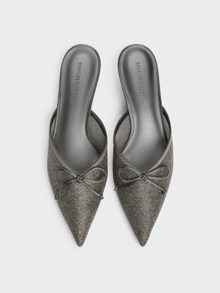 Glittered Mesh Bow Kitten Heels, Grey, hi-res