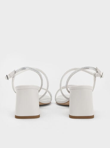 صندل من الساتان بكعب مربع وأشرطة وتصميم مزين بالكريستال, أبيض, hi-res