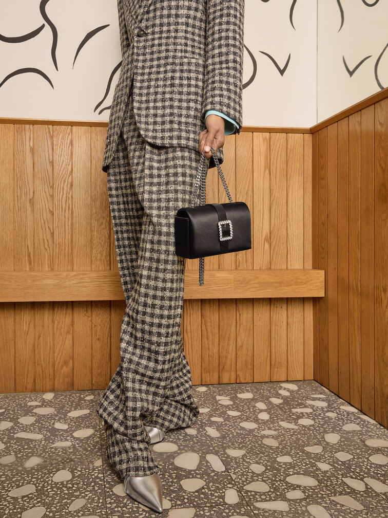 Satin Crystal-Buckle Belted Chain-Handle Bag, Noir, hi-res