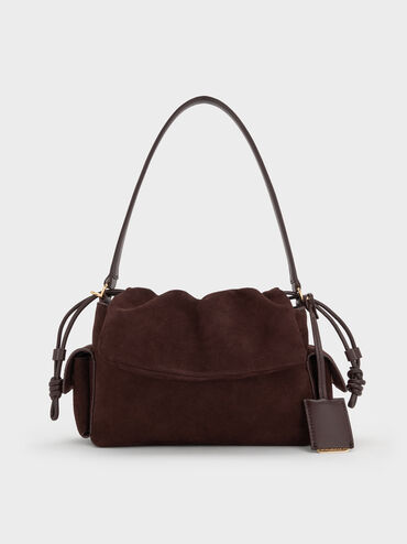 Khai Recycled Suede Ruched-Flap Side-Pocket Top Handle Bag, Espresso Brown, hi-res