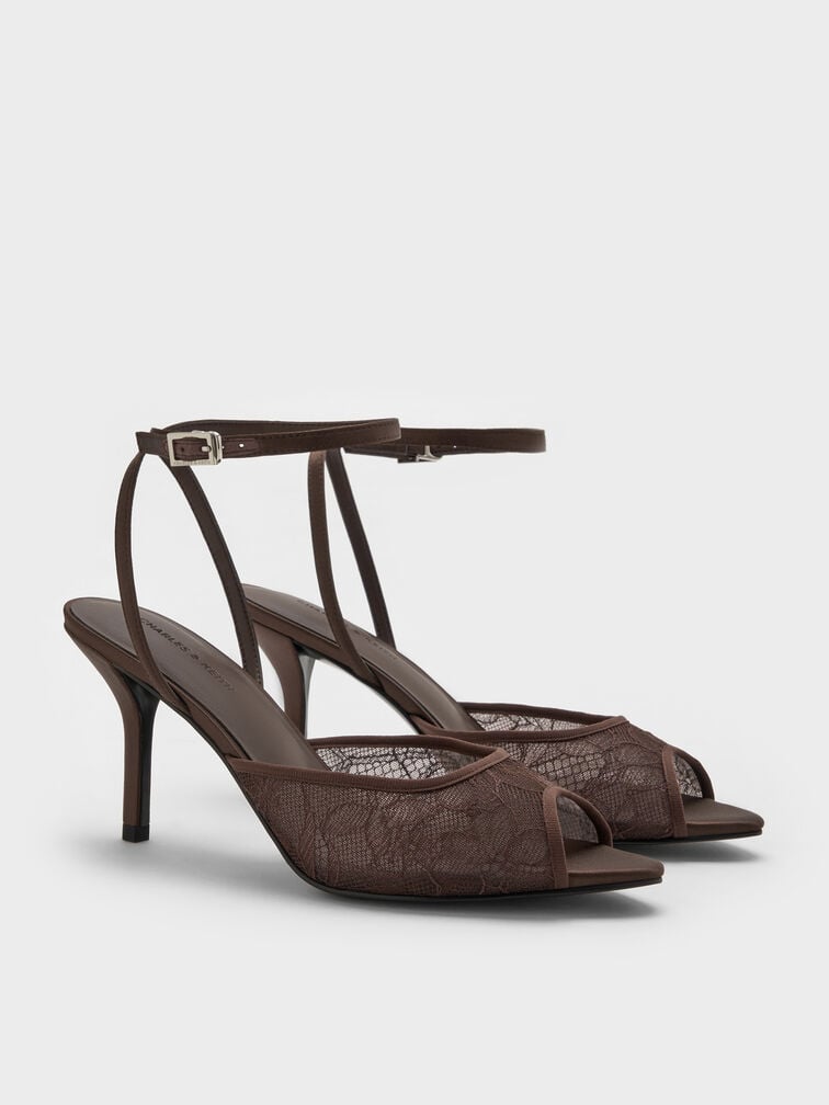 Lace & Satin Peep-Toe Heels, Dark Brown Textured, hi-res