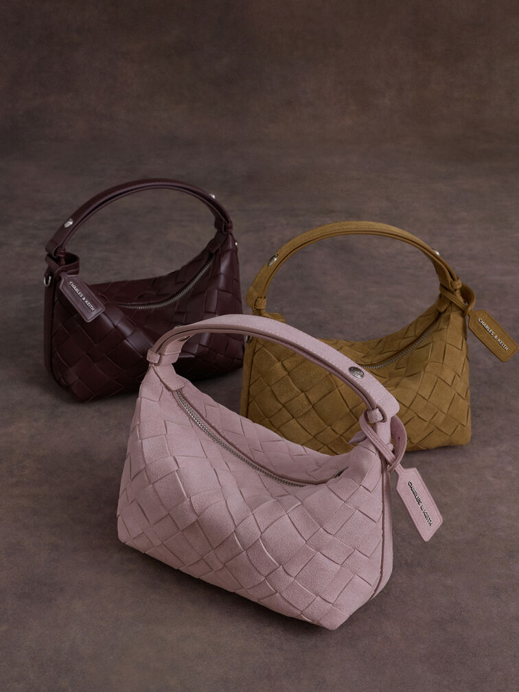 حقيبة كتف إيفيت بتصميم مضفور وتصميم معدني لامع, أحمر توتي فاخر, hi-res