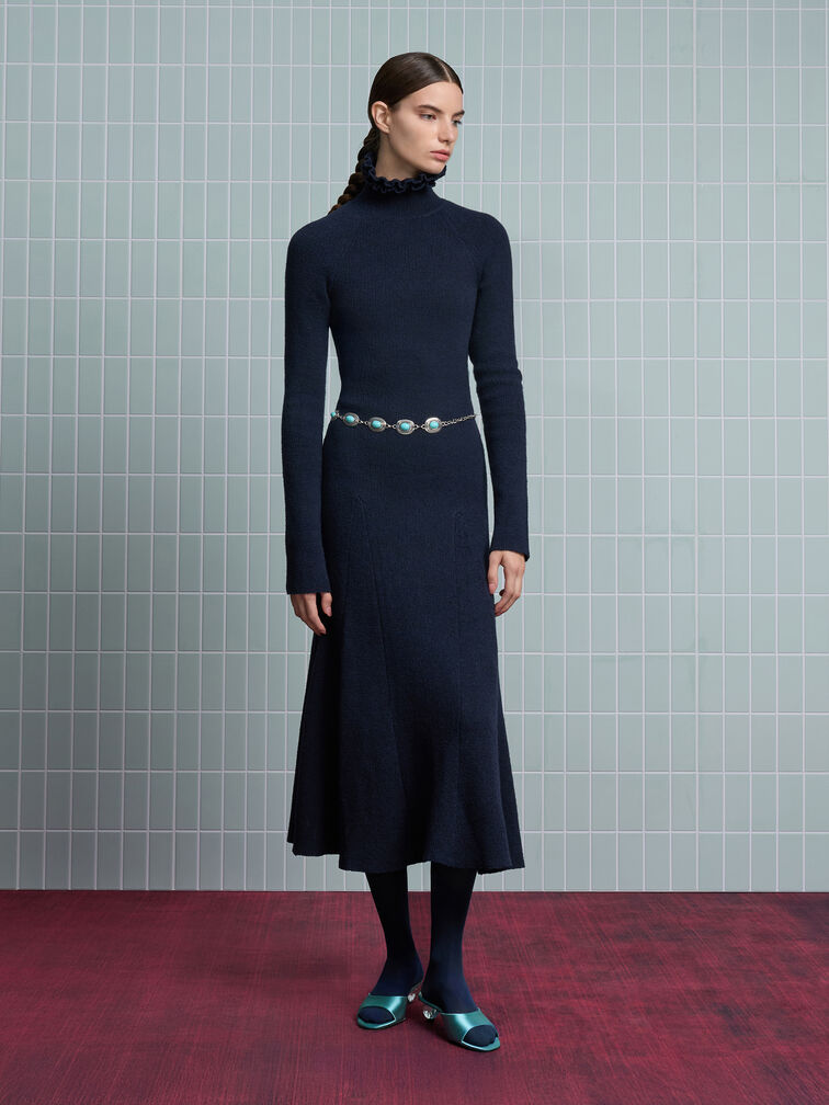 Satin Crystal-Heel Mules, Teal, hi-res