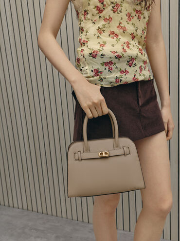 Aubrielle Belted Tote Bag, Taupe, hi-res