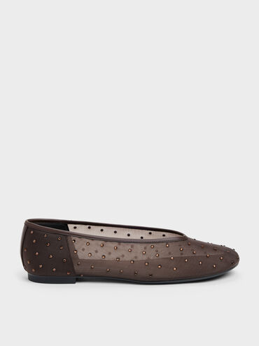 Mesh Crystal Ballet Flats, Dark Brown Textured, hi-res