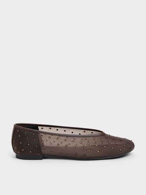 Mesh Crystal Ballet Flats, Dark Brown Textured, hi-res