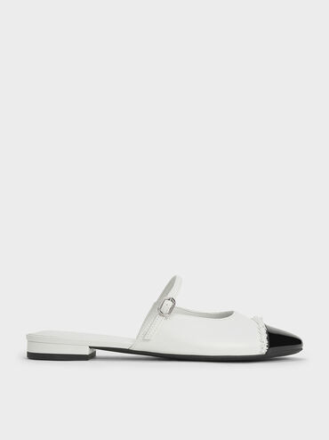 Pearl-Embellished Cap-Toe Flat Mules, White, hi-res