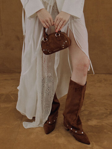 Gael Faux Suede Studded Convertible Kitten-Heel Knee-High Boots, Brown, hi-res