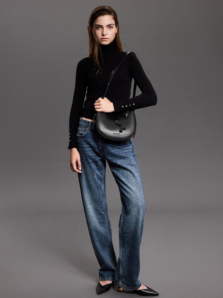 صندل بامبس كامي وكعب منحوت بلمسة معدنية, أسود, hi-res