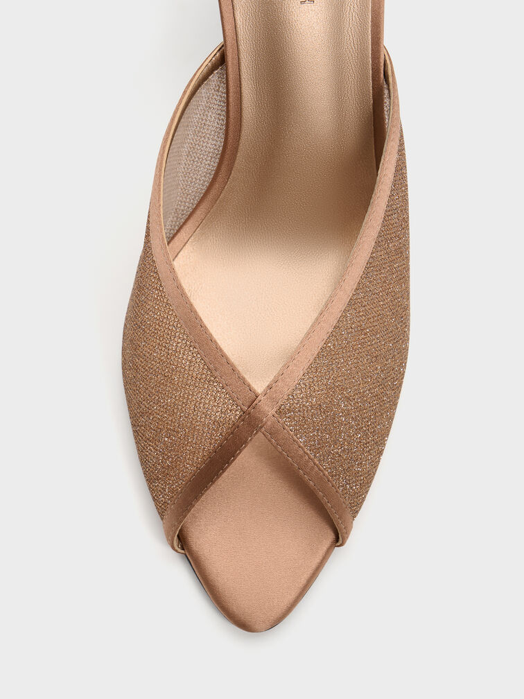 Glittered Mesh Peep-Toe Heeled Mules, Bronze, hi-res