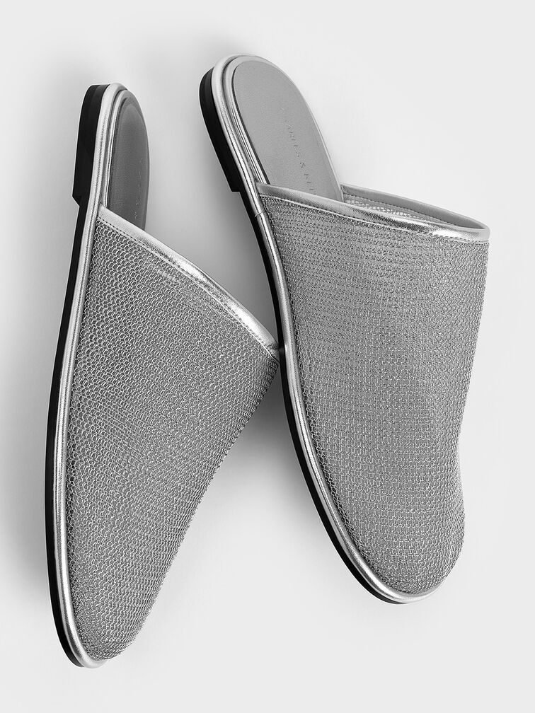 حذاء ميول بدون كعب مصنوع من قماش شبكي بحافة أمامية تغطي مشط القدم, فضي, hi-res