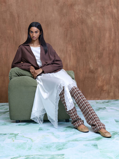 Glittered Mesh Bow Ballet Flats, Brown, hi-res