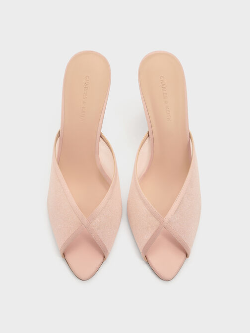 Glittered Mesh Peep-Toe Heeled Mules, Pink, hi-res