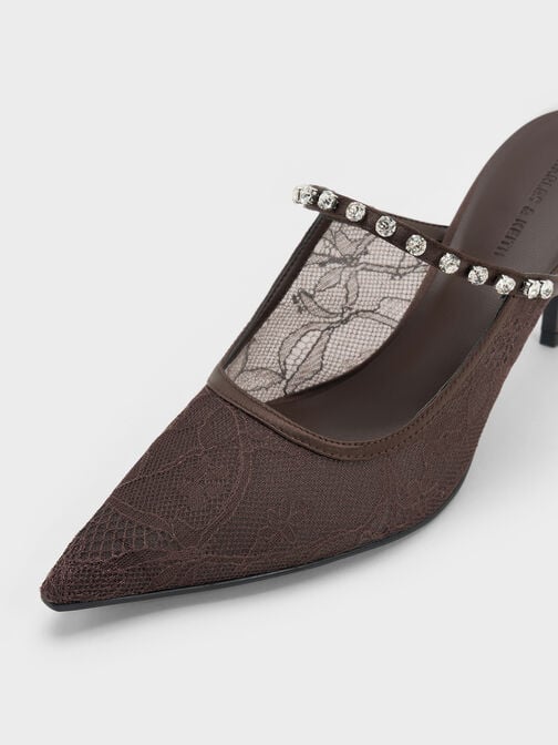 Lace & Satin Crystal Heeled Mules, Dark Brown Textured, hi-res