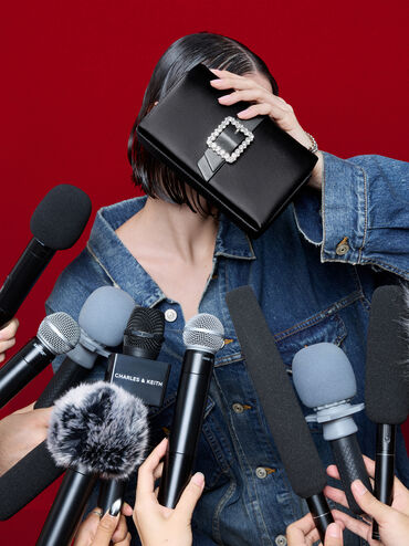 Satin Crystal-Buckle Belted Chain-Handle Bag, Noir, hi-res