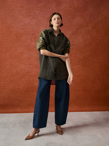 حذاء إيفيت بكعب ونمط منسوج ومقدمة مدببة وتصميم سلينجباك مفتوح الظهر, بني, hi-res