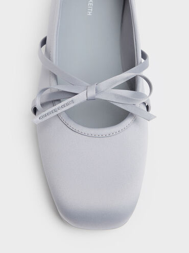 Satin Bow Ballet Flats, Grey, hi-res