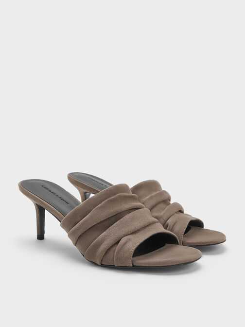 Faux Suede Ruched Heeled Mules, Taupe, hi-res