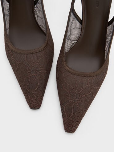 حذاء من الدانتيل والساتان مفتوح من الخلف بكعب (بامبس), بني محبّب غامق, hi-res
