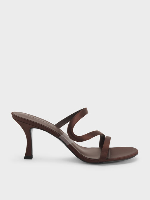 Arden Satin Wavy Heeled Mules, Dark Brown Textured, hi-res