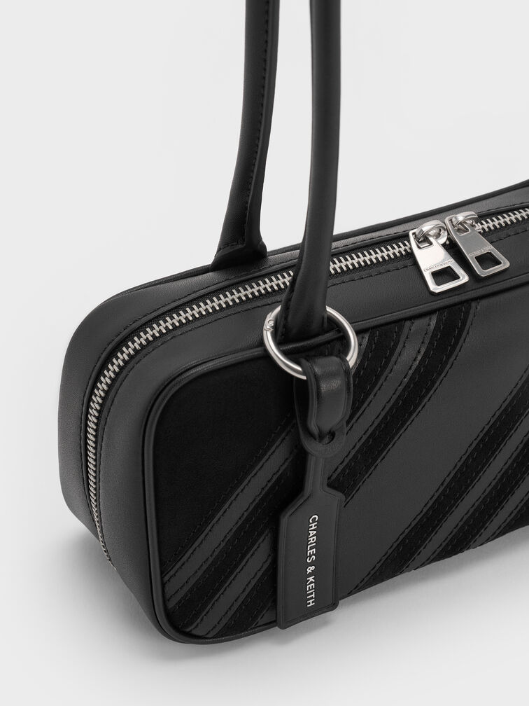 Zeya Recycled Suede Striped Shoulder Bag, Noir, hi-res