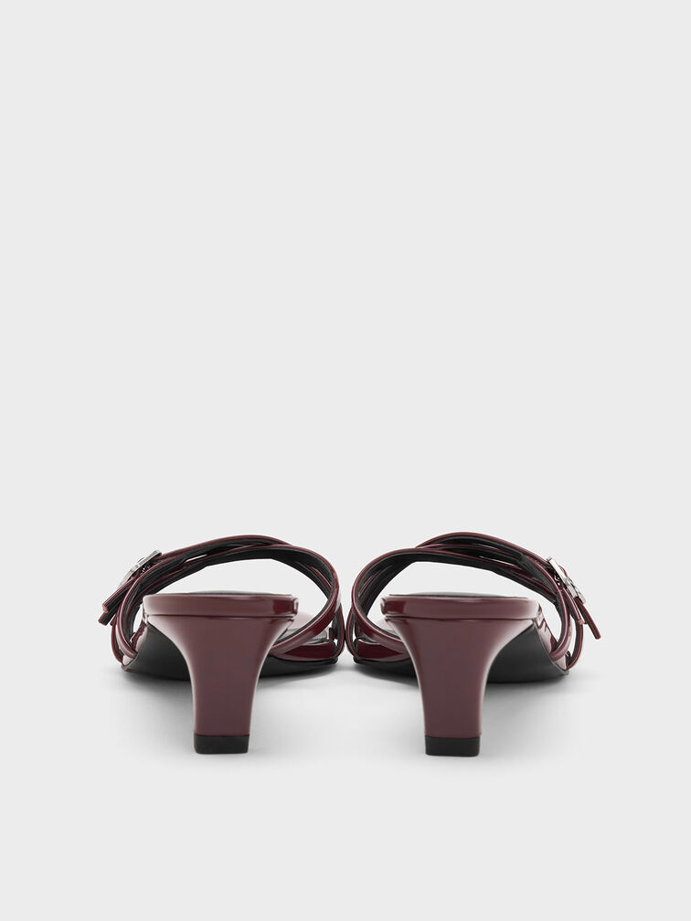 حذاء ميول من الجلد اللامع بكعب القطة وأحزمة متقاطعة بإبزيم, برغندي, hi-res