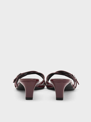 حذاء ميول من الجلد اللامع بكعب القطة وأحزمة متقاطعة بإبزيم, برغندي, hi-res