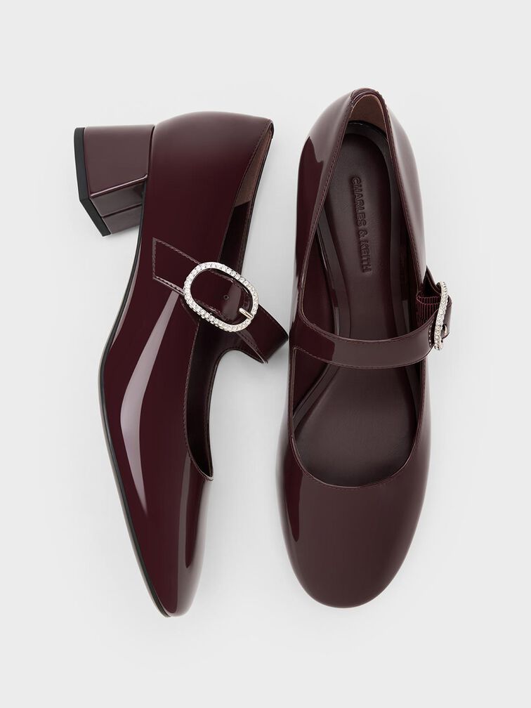 حذاء جاني من الجلد اللامع بكعب وتصميم ماري جين وإبزيم مرصع بالكريستال, برغندي, hi-res