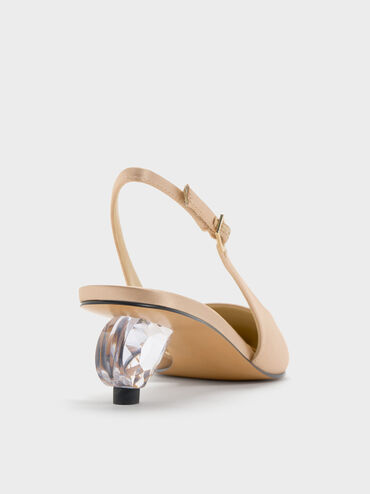 Satin Pointed-Toe Crystal-Heel Slingback Pumps, Gold, hi-res