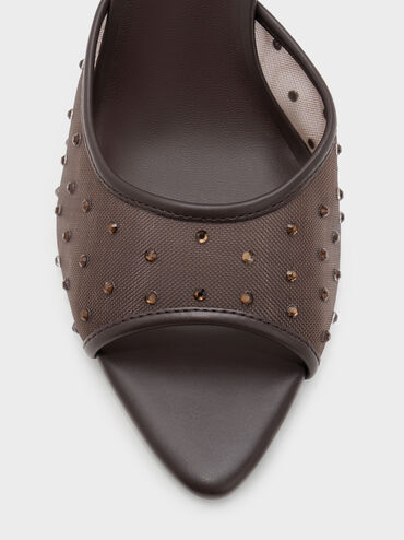 Mesh Crystal Peep-Toe Heeled Mules, Dark Brown Textured, hi-res