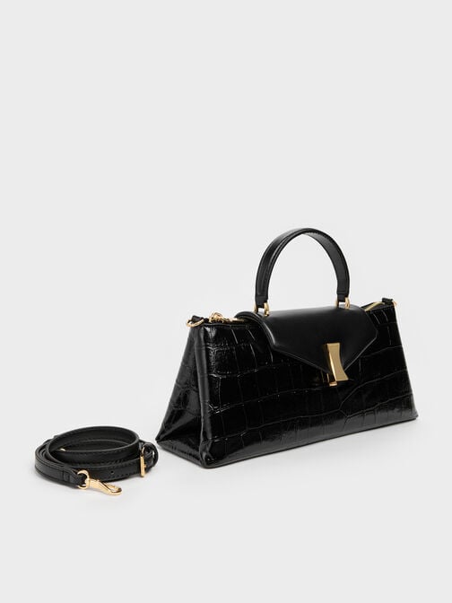 Lilibet Croc-Effect Elongated Top Handle Bag, Black, hi-res