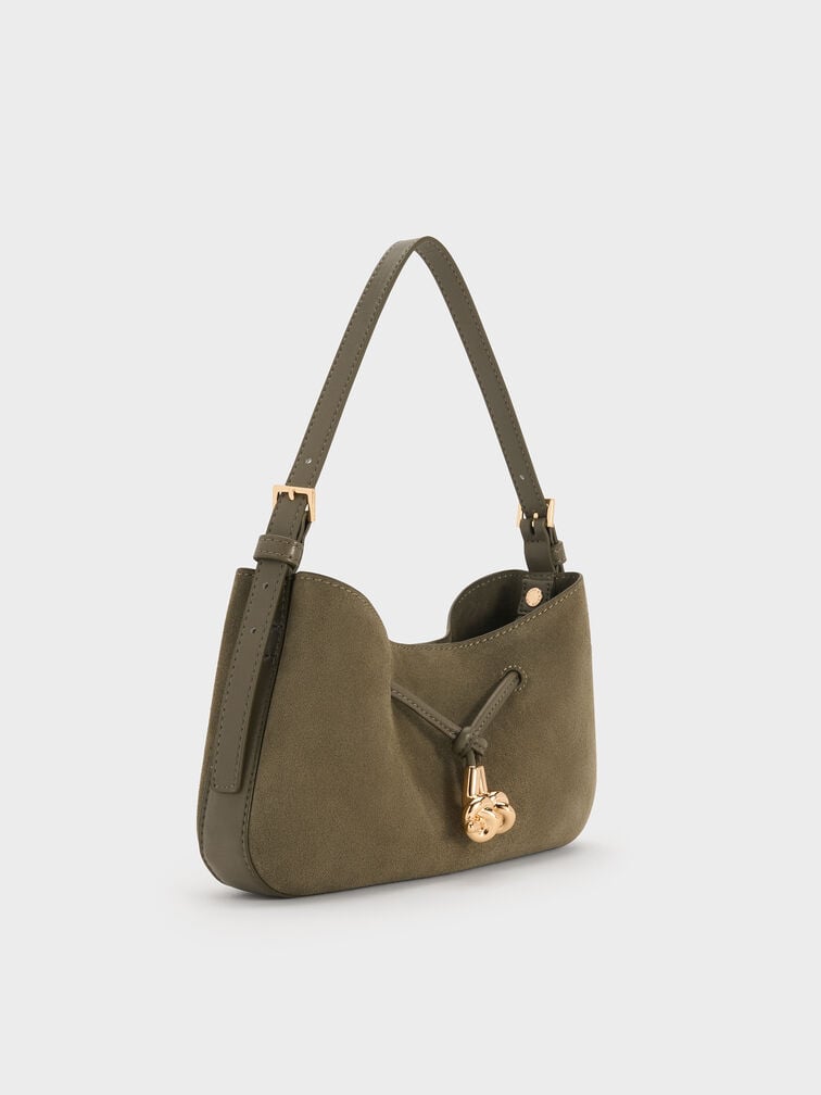 Mila Recycled Suede Shoulder Bag, Deep Olive, hi-res