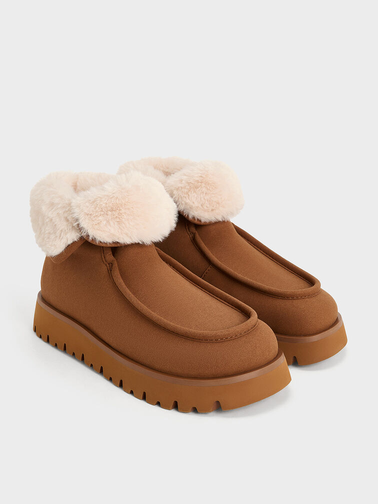 حذاء بوت للكاحل مبطن بالفرو وبنعل مضلع, بني, hi-res