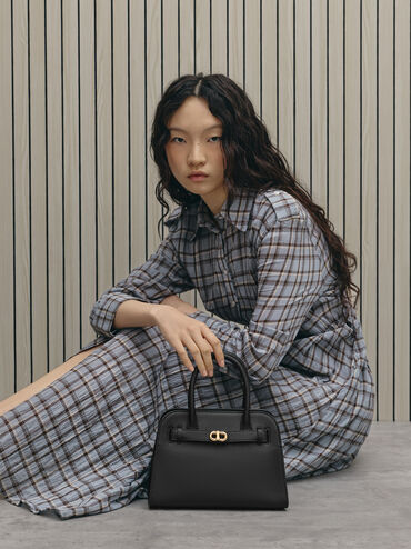 Aubrielle Belted Tote Bag, Black, hi-res