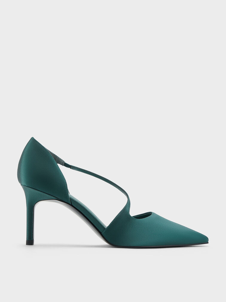 Satin Asymmetric D'Orsay Pumps, Teal, hi-res