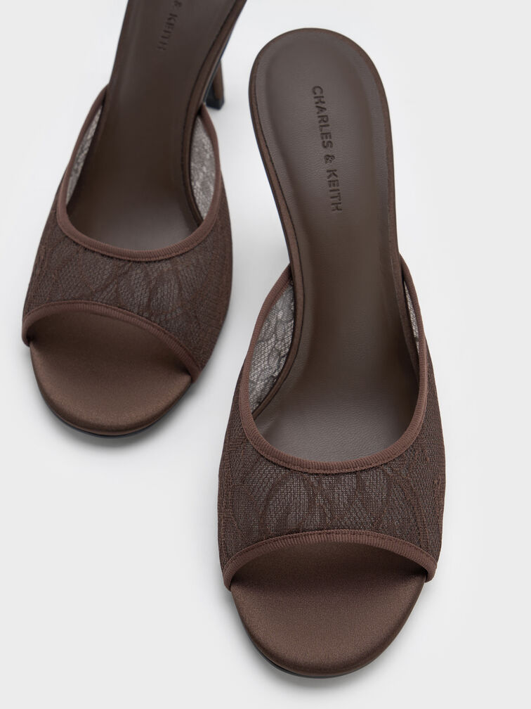 Lace Stiletto Mules, Dark Brown Textured, hi-res